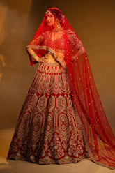 Red Raw Silk Designer Bridal Lehenga with Double Dupatta